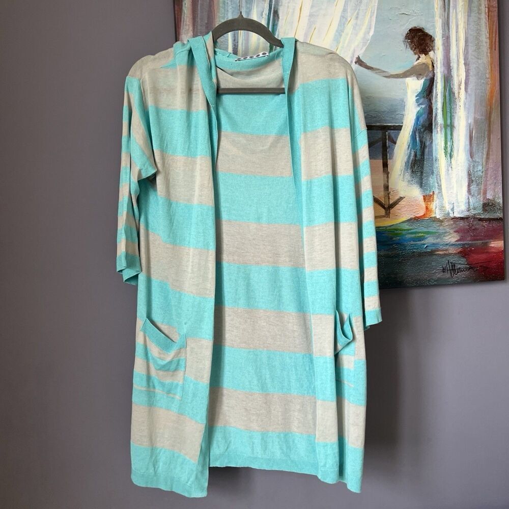KOKUN S Off White Blue Hoodie Cardigan Lightweight 80%Bamboo 20%Cashmere Pockets